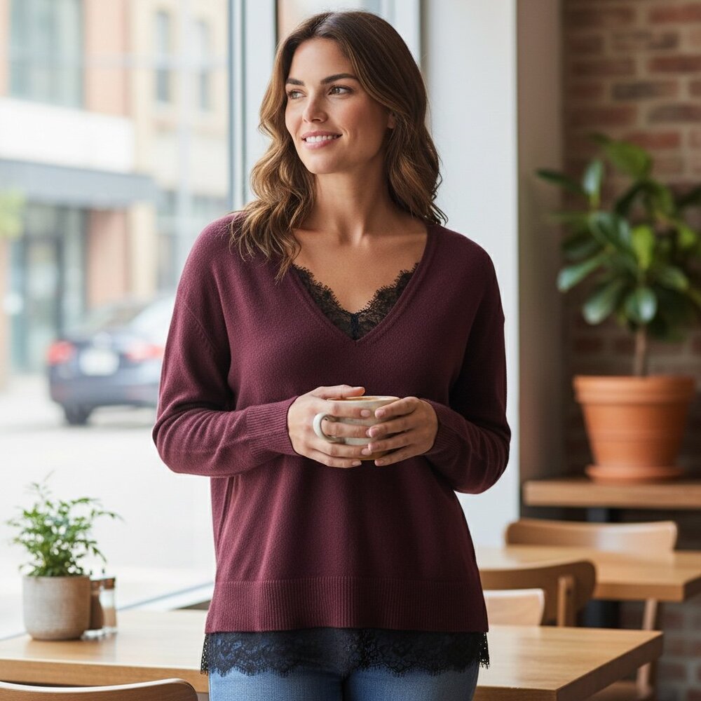 Laundry by Shelli Segal Burgundy V-neck Sweater With Lace Trim M #215B
